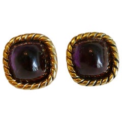 Chanel Vintage Gold Toned Purple Gripoix Glass Cabochon Clip On Earrings