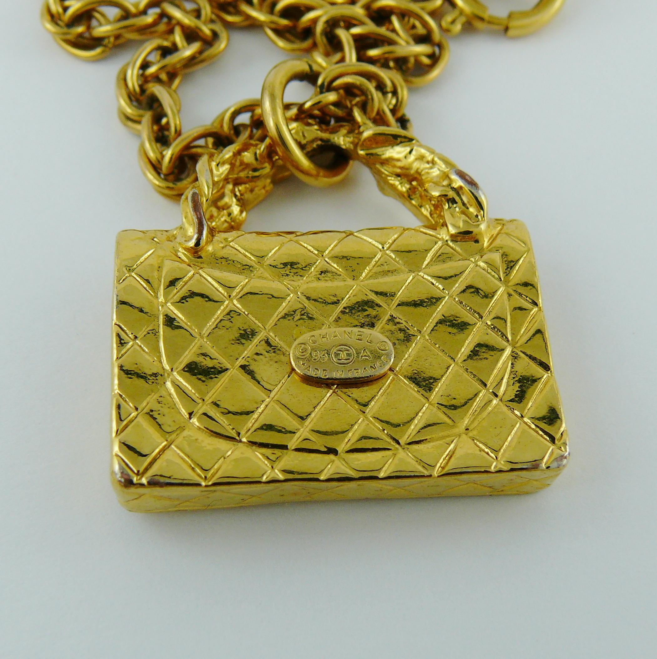 Chanel Vintage Gold Toned Quilted Bag Pendant Chain Necklace 9