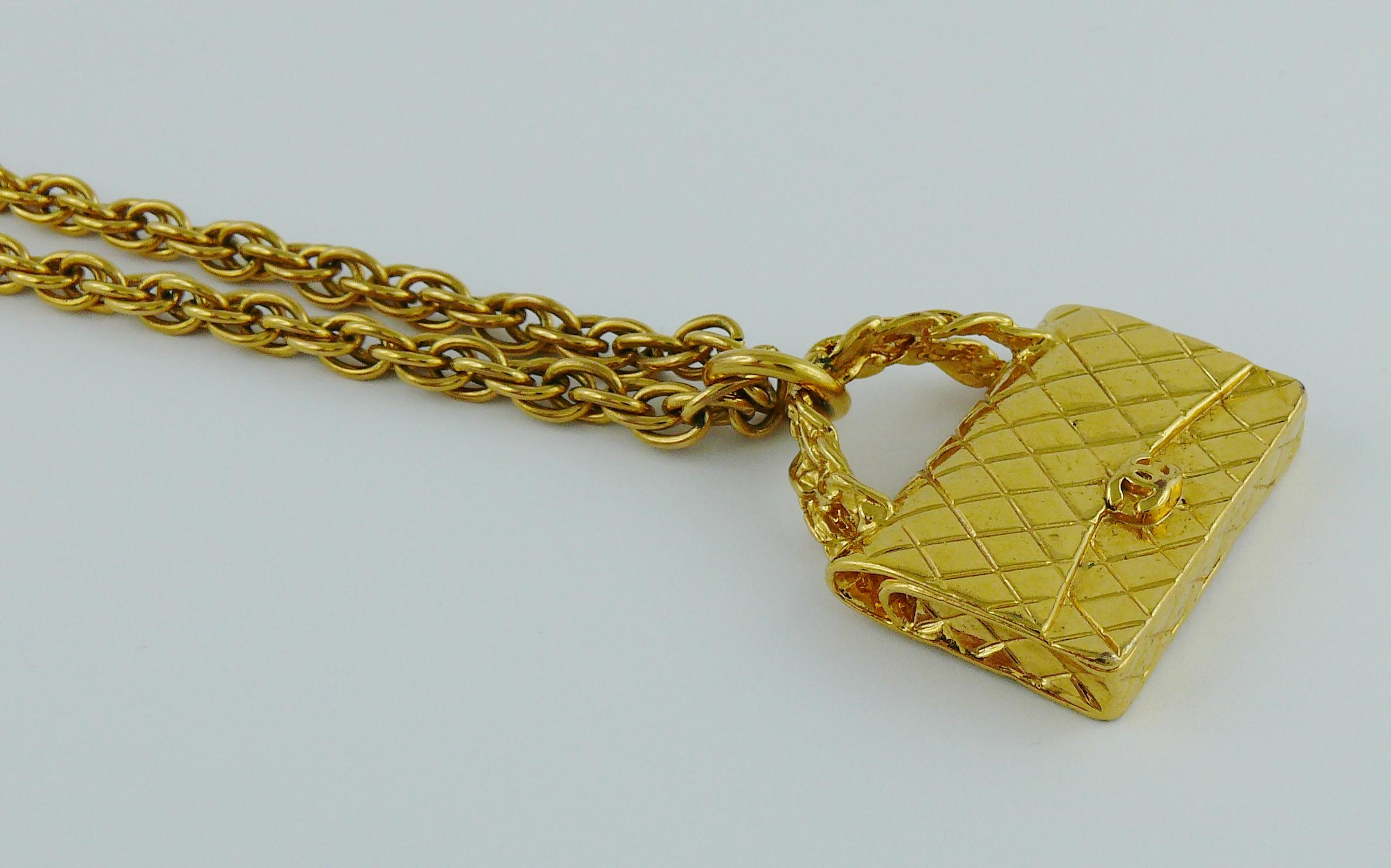 Chanel Vintage Gold Toned Quilted Bag Pendant Chain Necklace 2