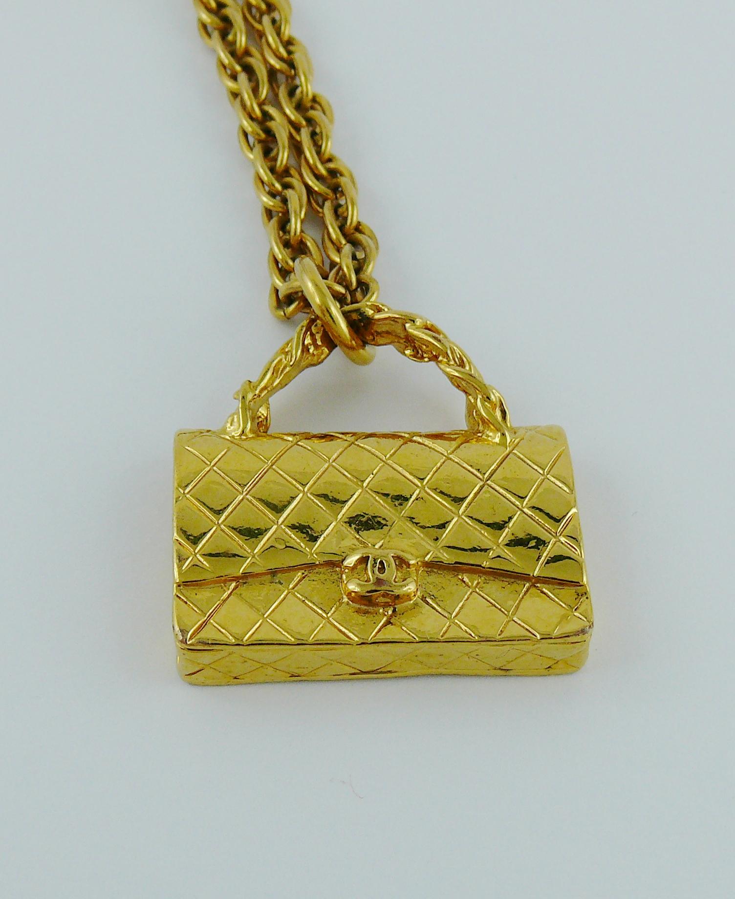 Chanel Vintage Gold Toned Quilted Bag Pendant Chain Necklace 3