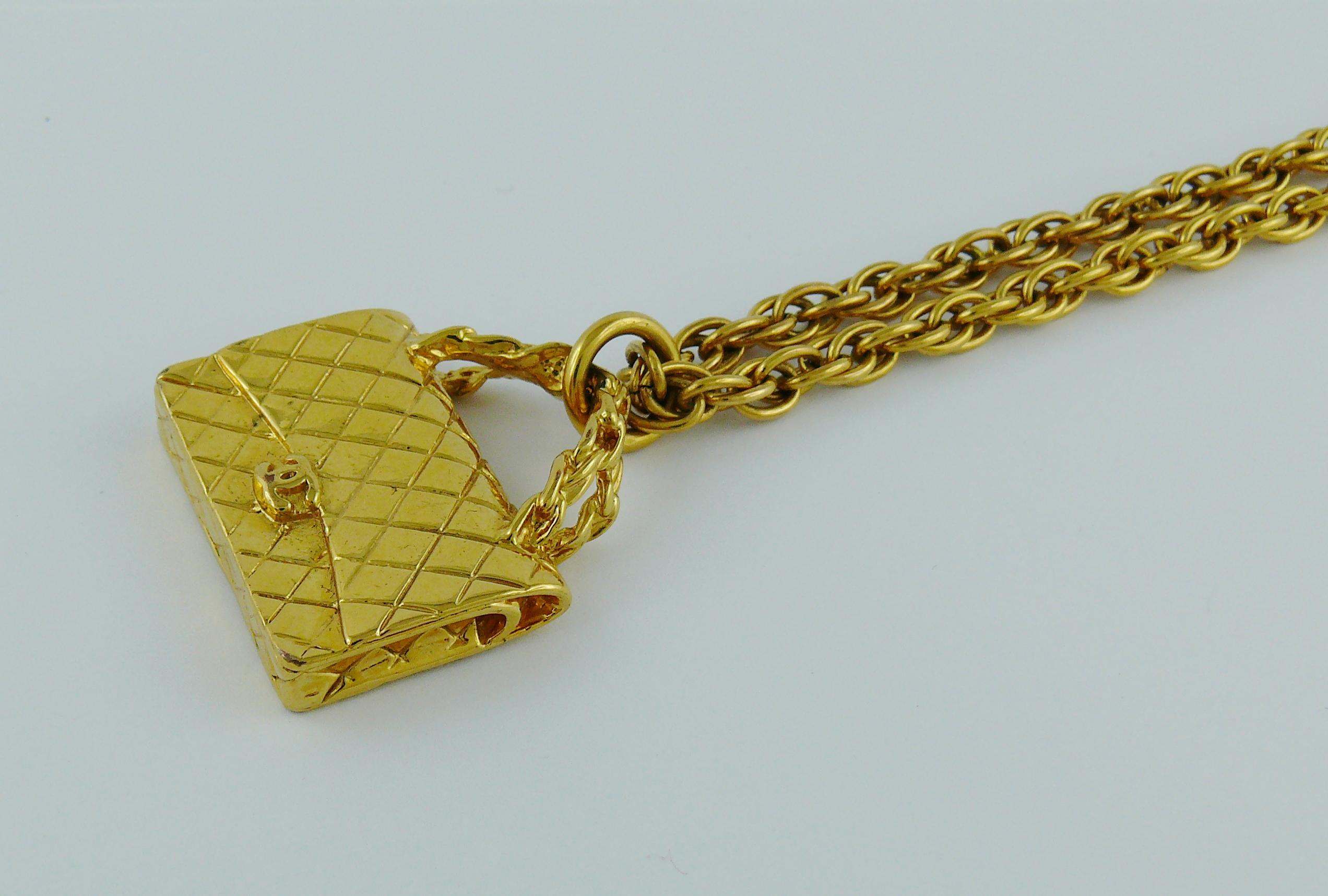 Chanel Vintage Gold Toned Quilted Bag Pendant Chain Necklace 4