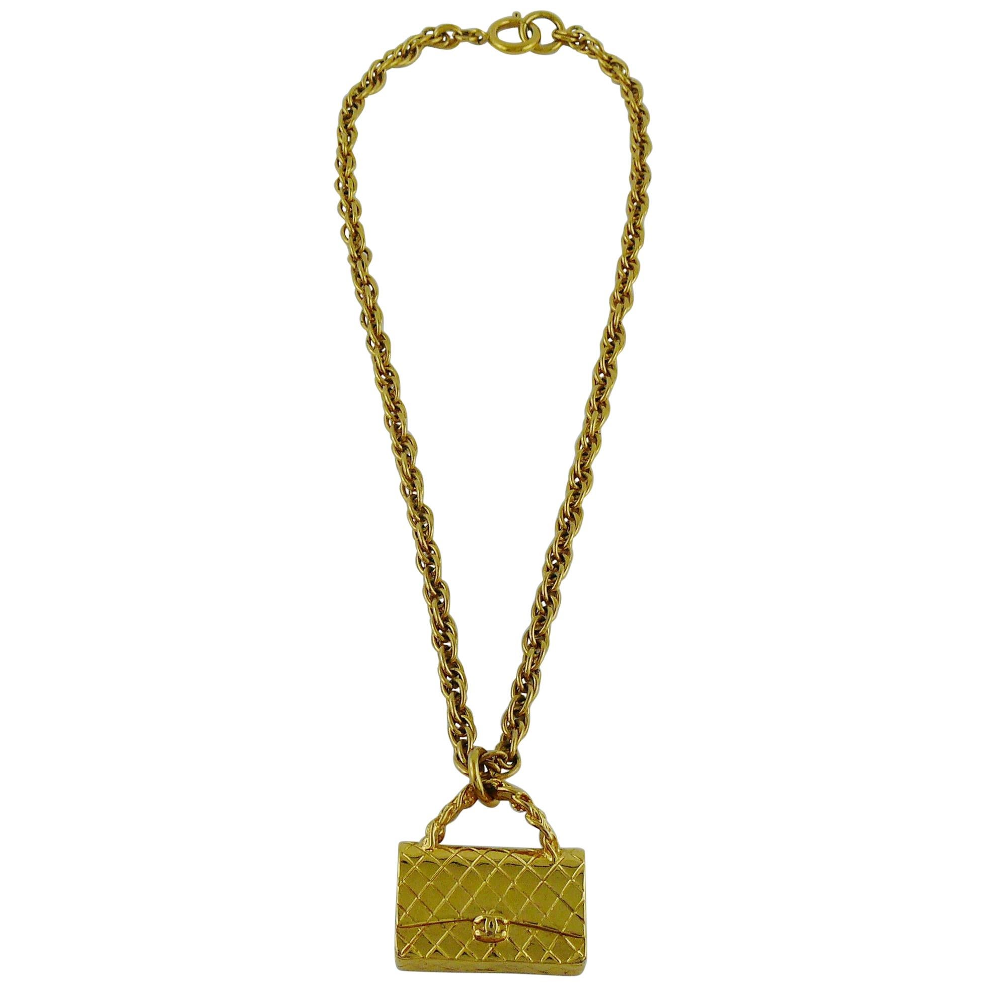 Chanel Vintage Gold Toned Quilted Bag Pendant Chain Necklace