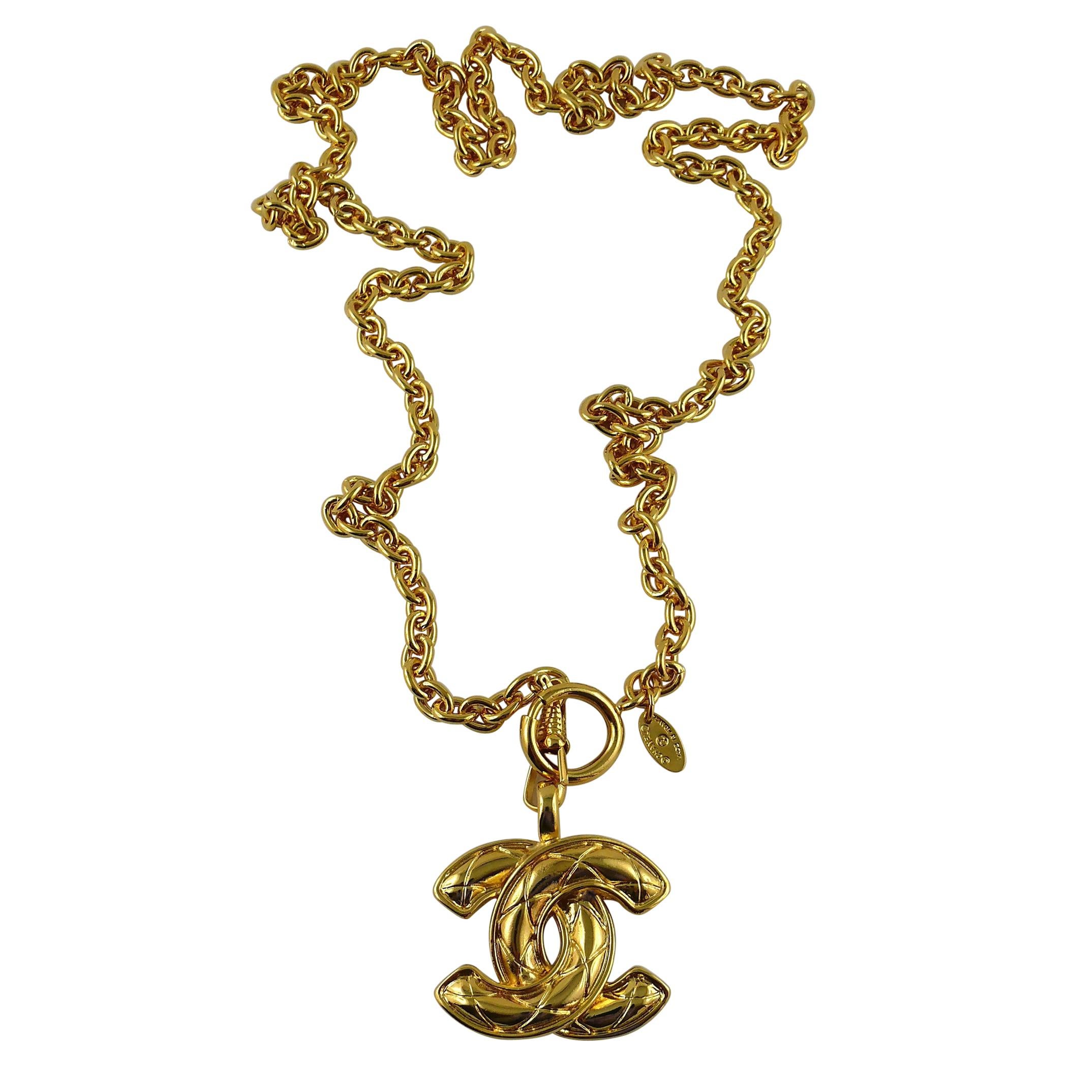 Chanel Vintage Gold Toned Quilted CC Logo Pendant Sautoir Necklace