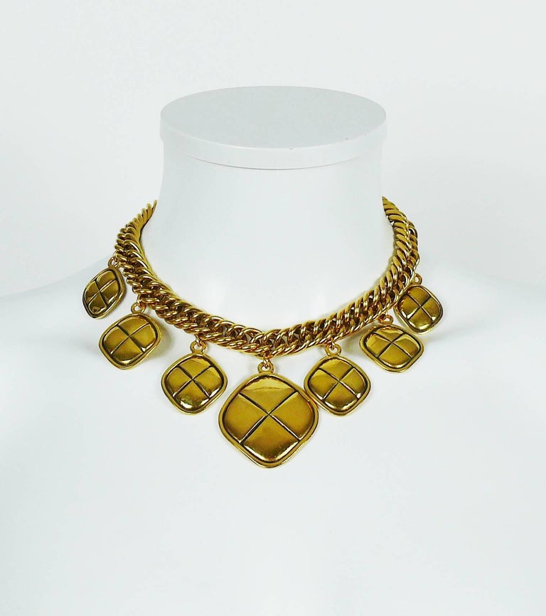 Chanel Vintage Gold Toned Quilted Charm Choker Necklace at 1stDibs