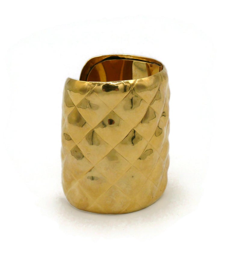 Chanel Vintage Gold Toned Quilted Cuff Bracelet For Sale at 1stDibs