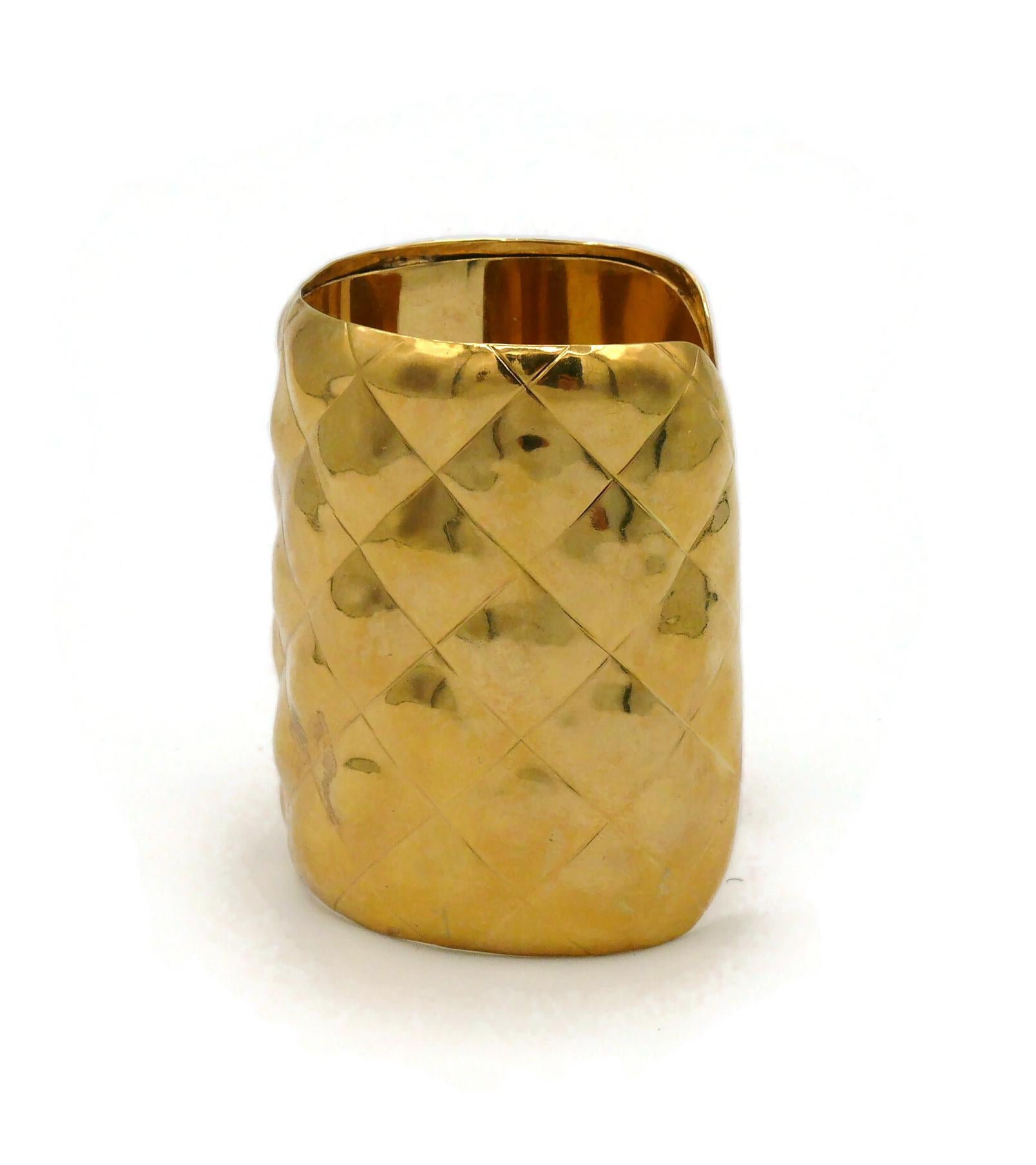 Chanel Vintage Gold Toned Quilted Cuff Bracelet For Sale 3