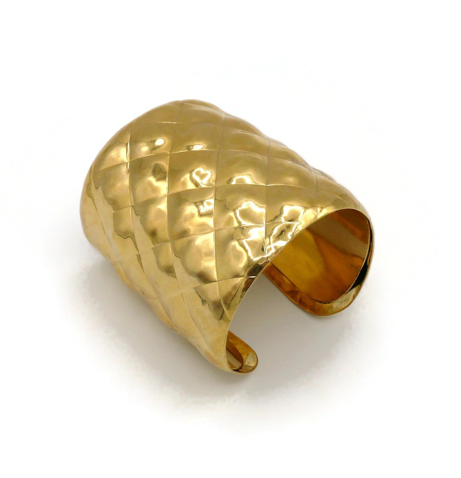 Chanel Vintage Gold Toned Quilted Cuff Bracelet For Sale 4