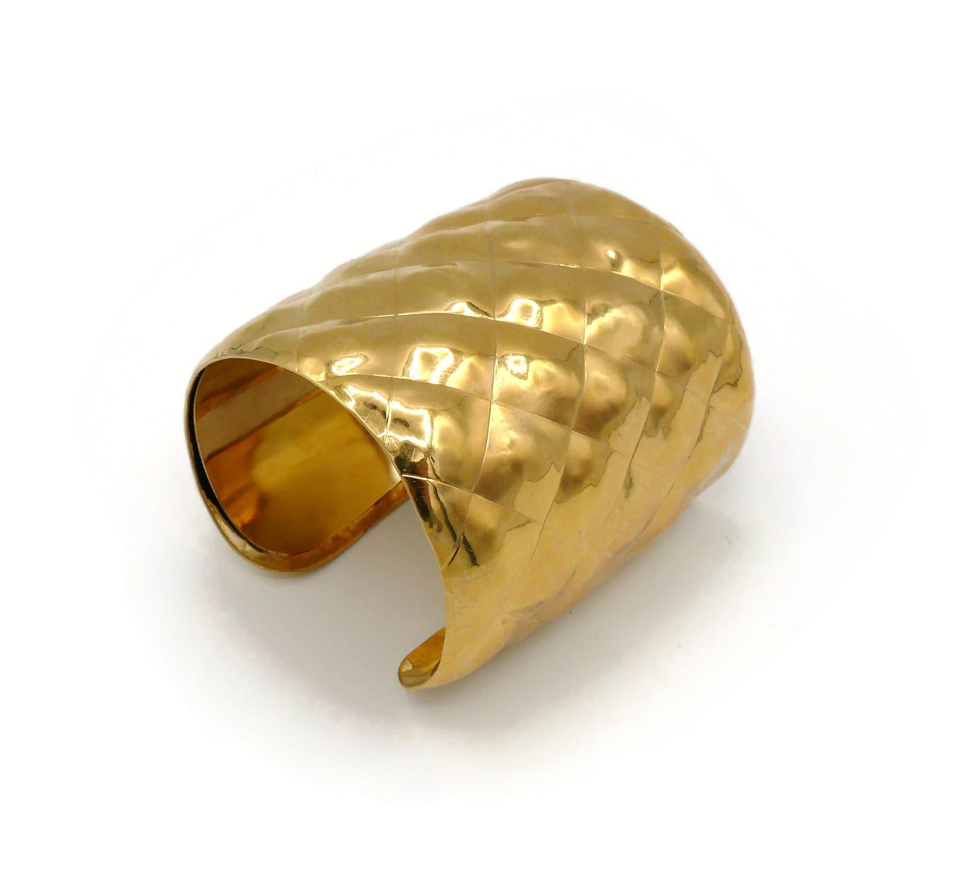 Chanel Vintage Gold Toned Quilted Cuff Bracelet For Sale 5