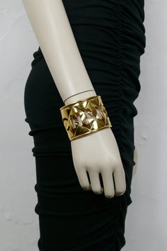 Chanel Vintage Gold Toned Quilted Cut Out Cuff Bracelet