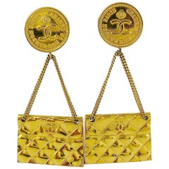Chanel Vintage Gold Toned Quilted Flap Bag Iconic Dangling Earrings