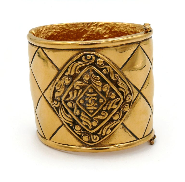 Chanel Vintage Gold Toned Quilted Logo Cuff Bracelet For Sale at