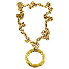 Chanel Vintage Gold Toned Quilted Magnifying Glass Sautoir Necklace