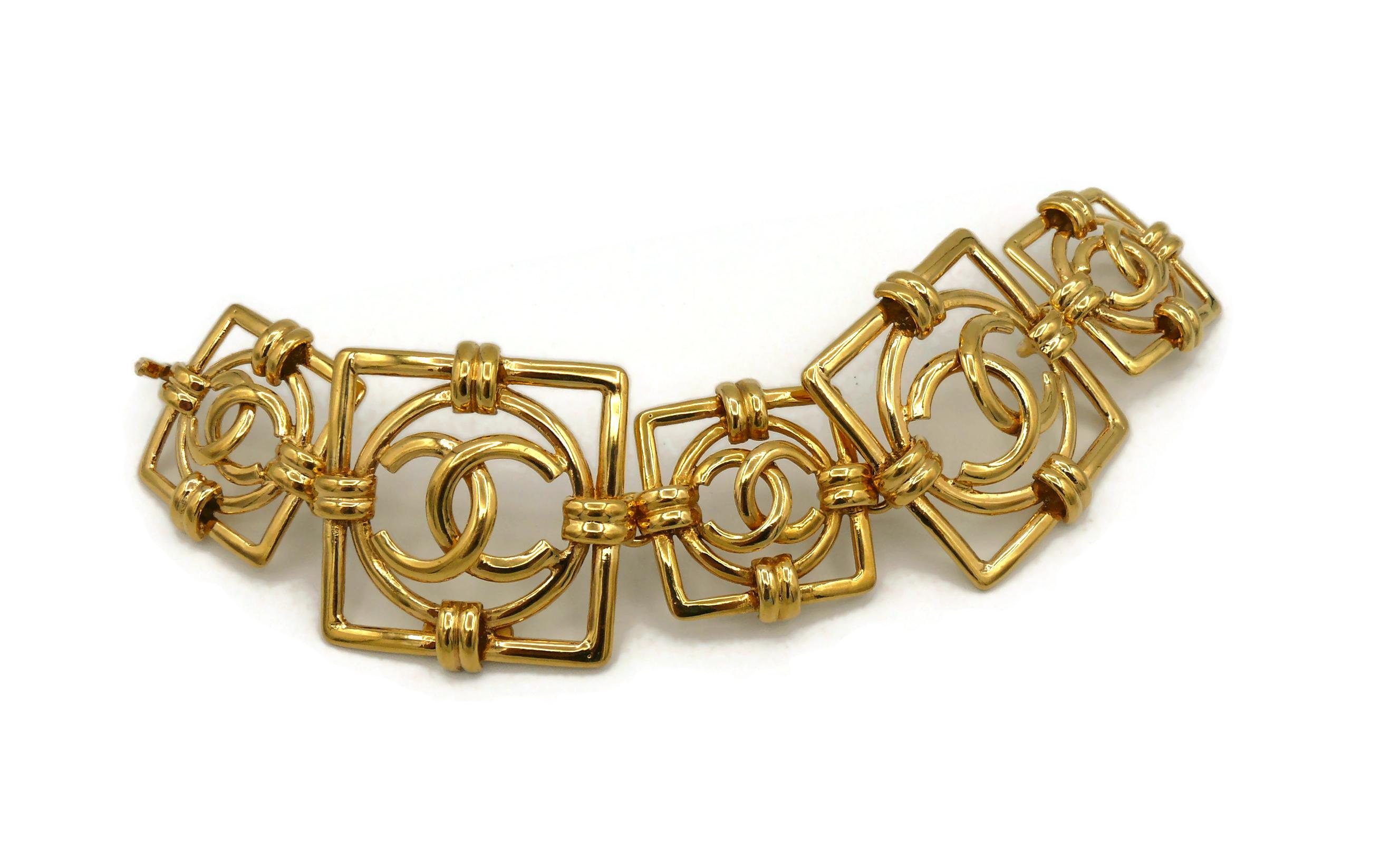 Chanel Vintage Gold Toned Square Links Logo CC Bracelet, 1994 For Sale 1