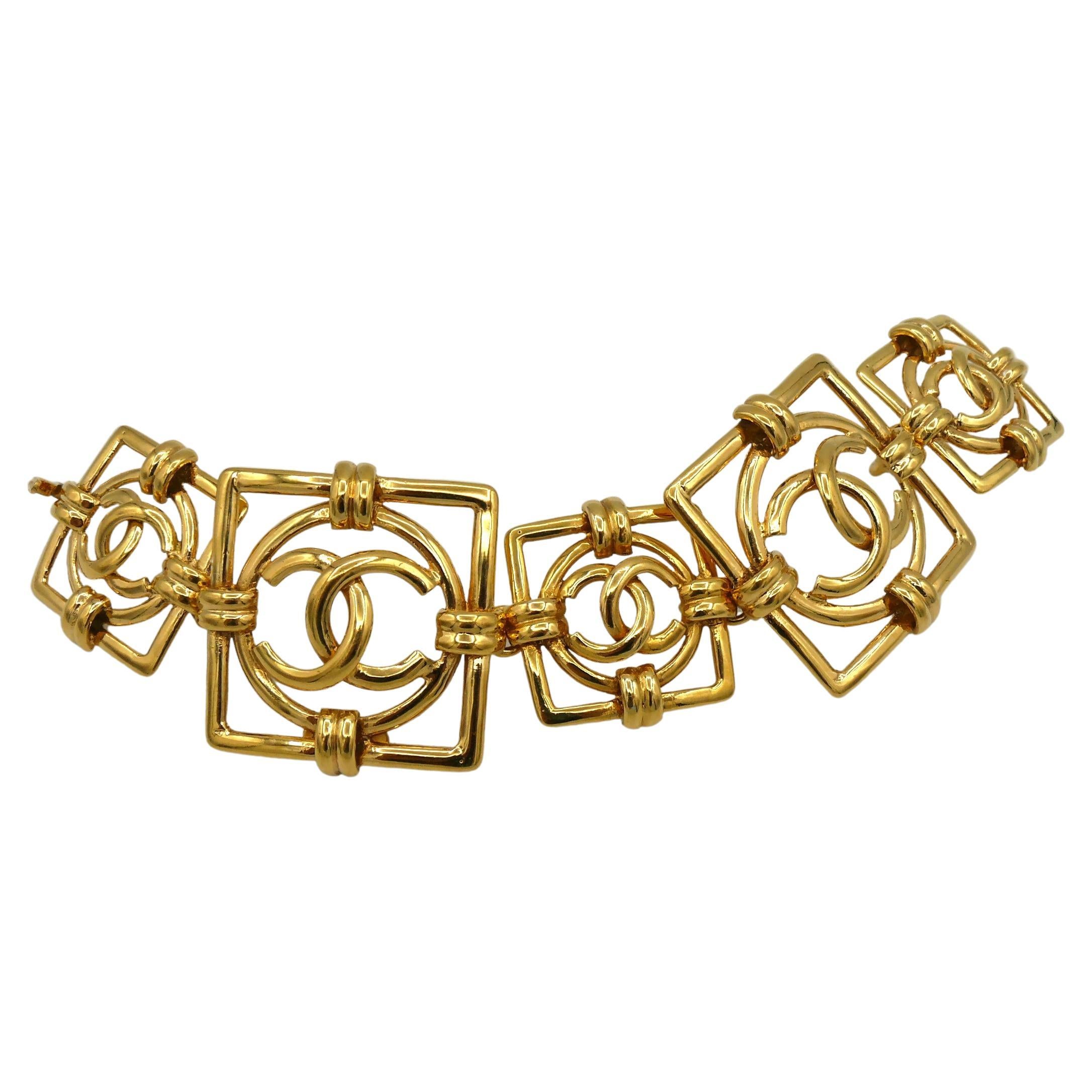 Chanel Vintage Gold Toned Square Links Logo CC Bracelet, 1994 For Sale