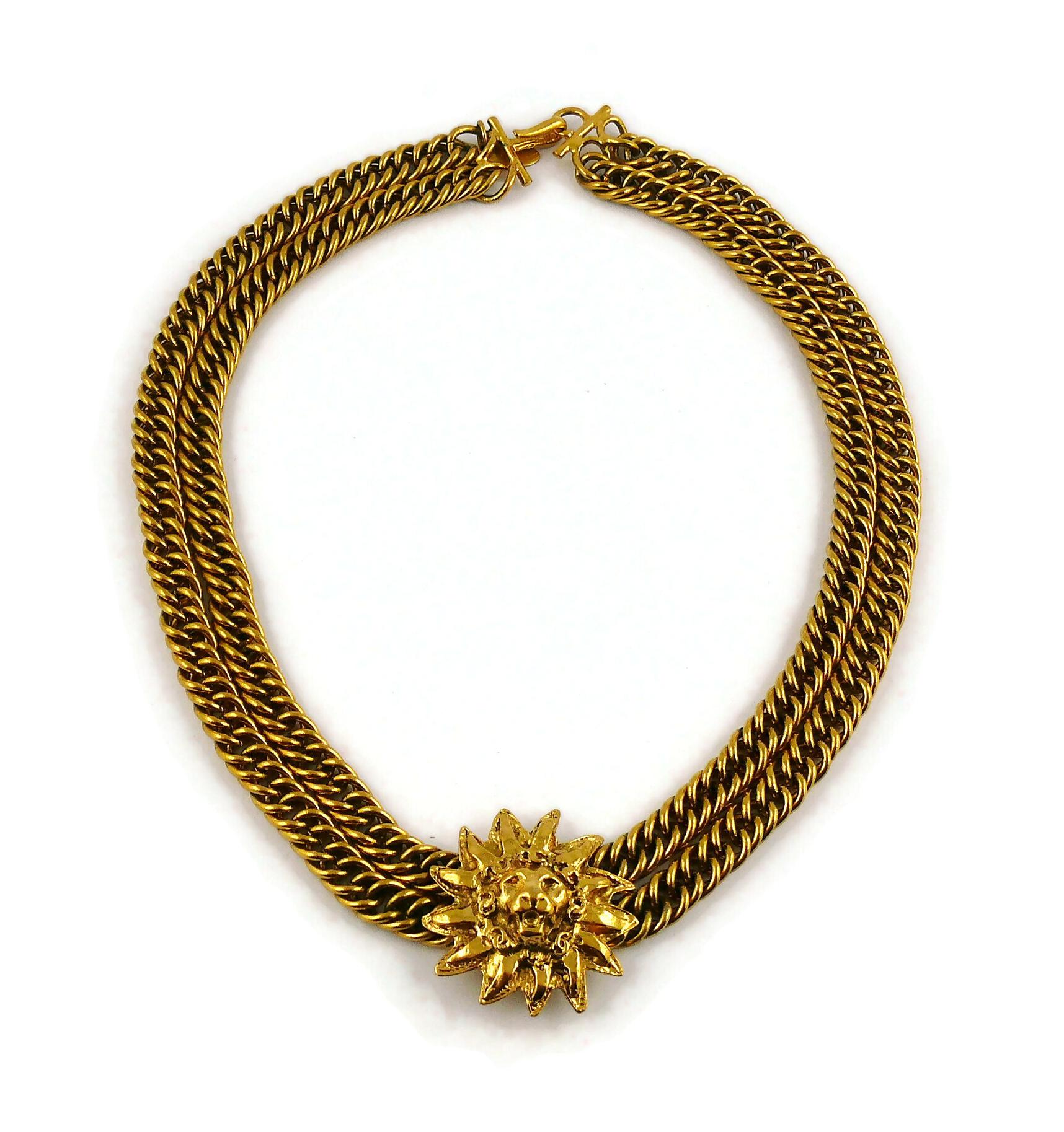 Women's Chanel Vintage Gold Toned Sunburst Lion Head Medallion Necklace