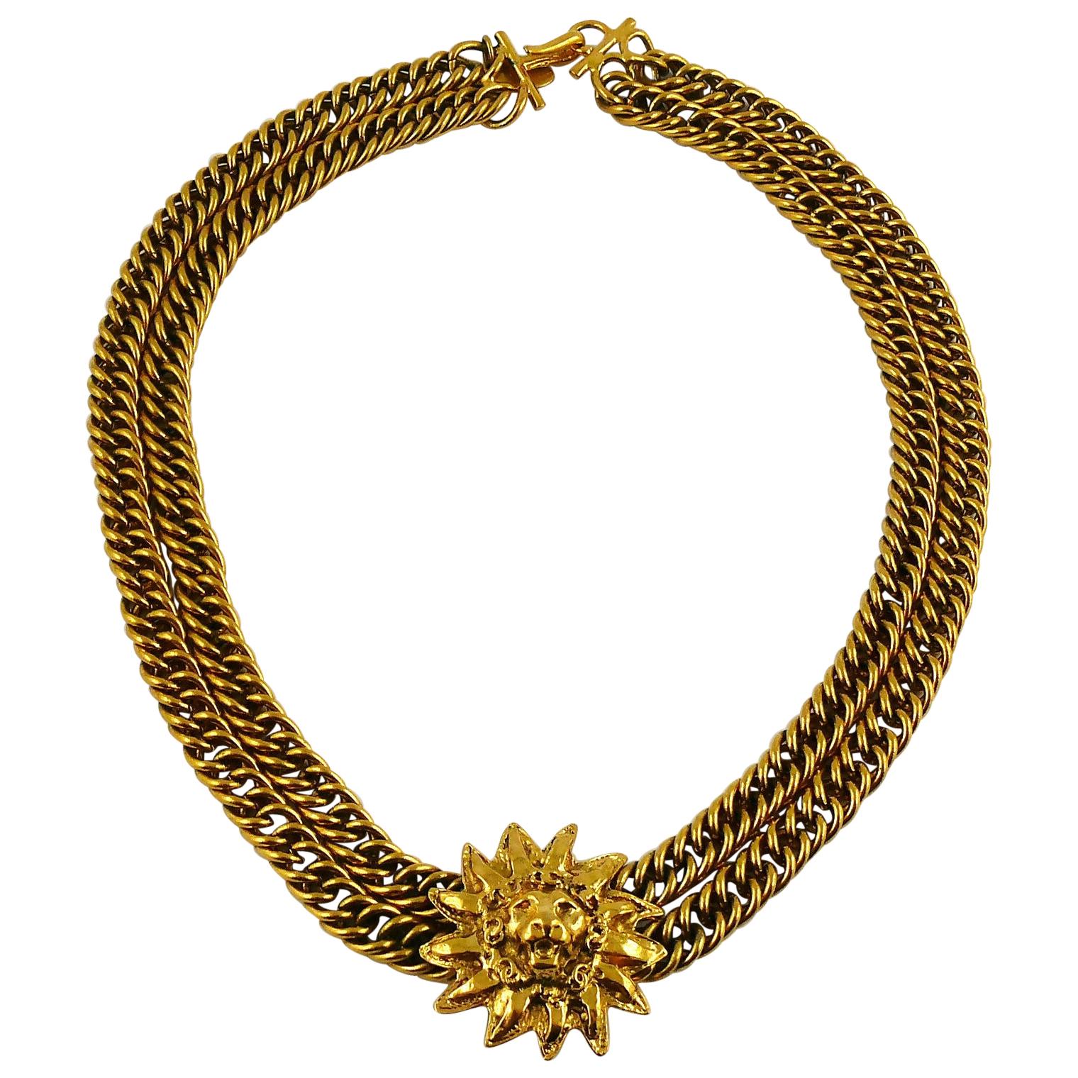 Chanel Vintage Gold Toned Sunburst Lion Head Medallion Necklace
