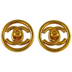Chanel Vintage Gold Toned Turn Lock Clip-On Earrings Spring/Summer 1997