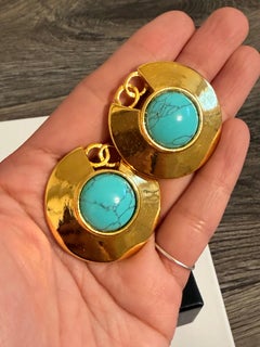 Chanel Vintage Gold Turquoise Stone CC Clip On Earrings