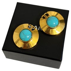 Chanel Vintage Gold Turquoise Stone CC Clip On Earrings