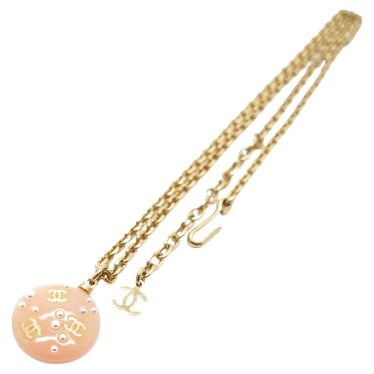 Chanel Vintage Golden CC Logo Pearl Round Pink Pendant Chain Necklace