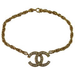 Chanel Vintage Golden metal Double C Short Necklace with Crystals 