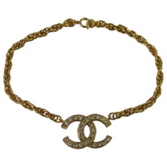 Chanel Vintage Golden metal Double C Short Necklace with Crystals