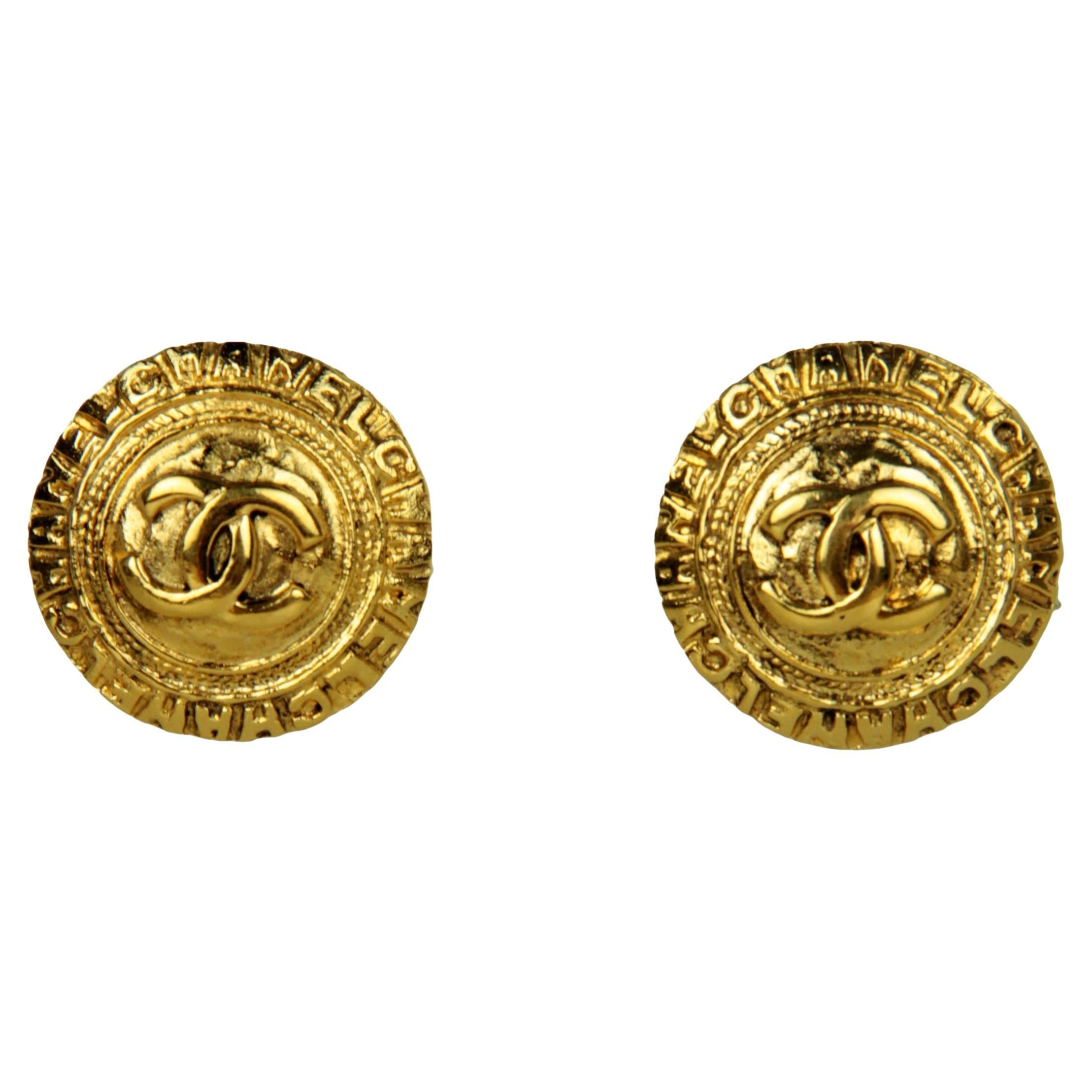 Chanel Vintage Goldtone 1" CC Button Clip-On Earrings