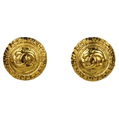 Chanel Vintage Goldtone 1" CC Button Clip-On Earrings