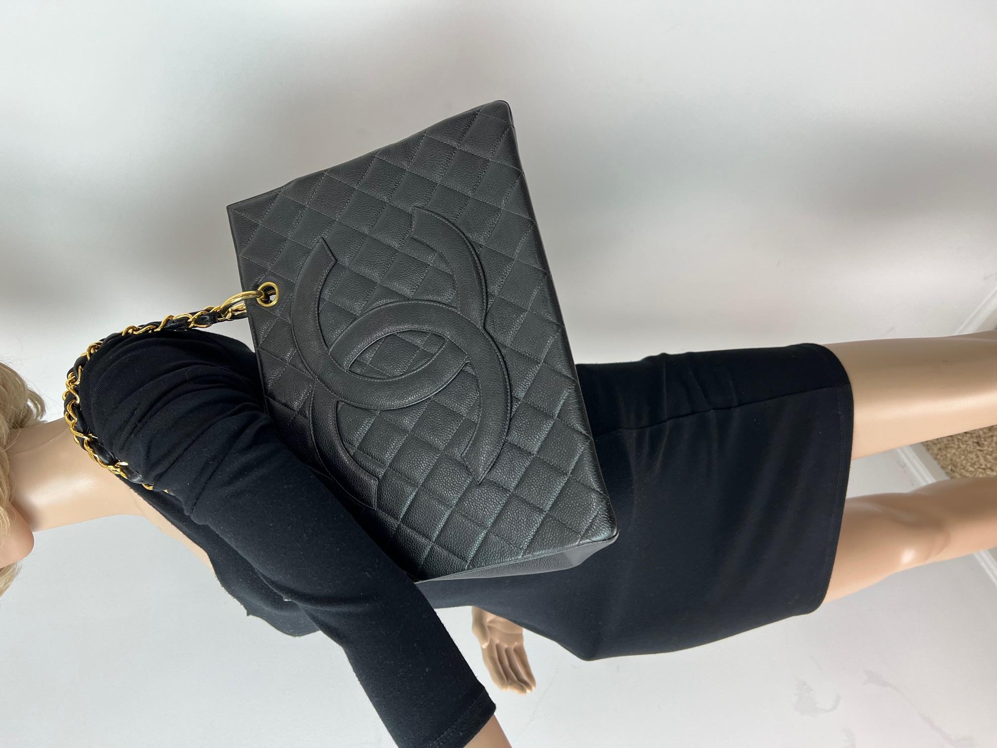 Chanel Vintage Grand Shopping Tote Black Quilted Caviar Leather Hand Bag 4