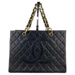 Chanel Vintage Grand Shopping Tote Black Quilted Caviar Leather Hand Bag