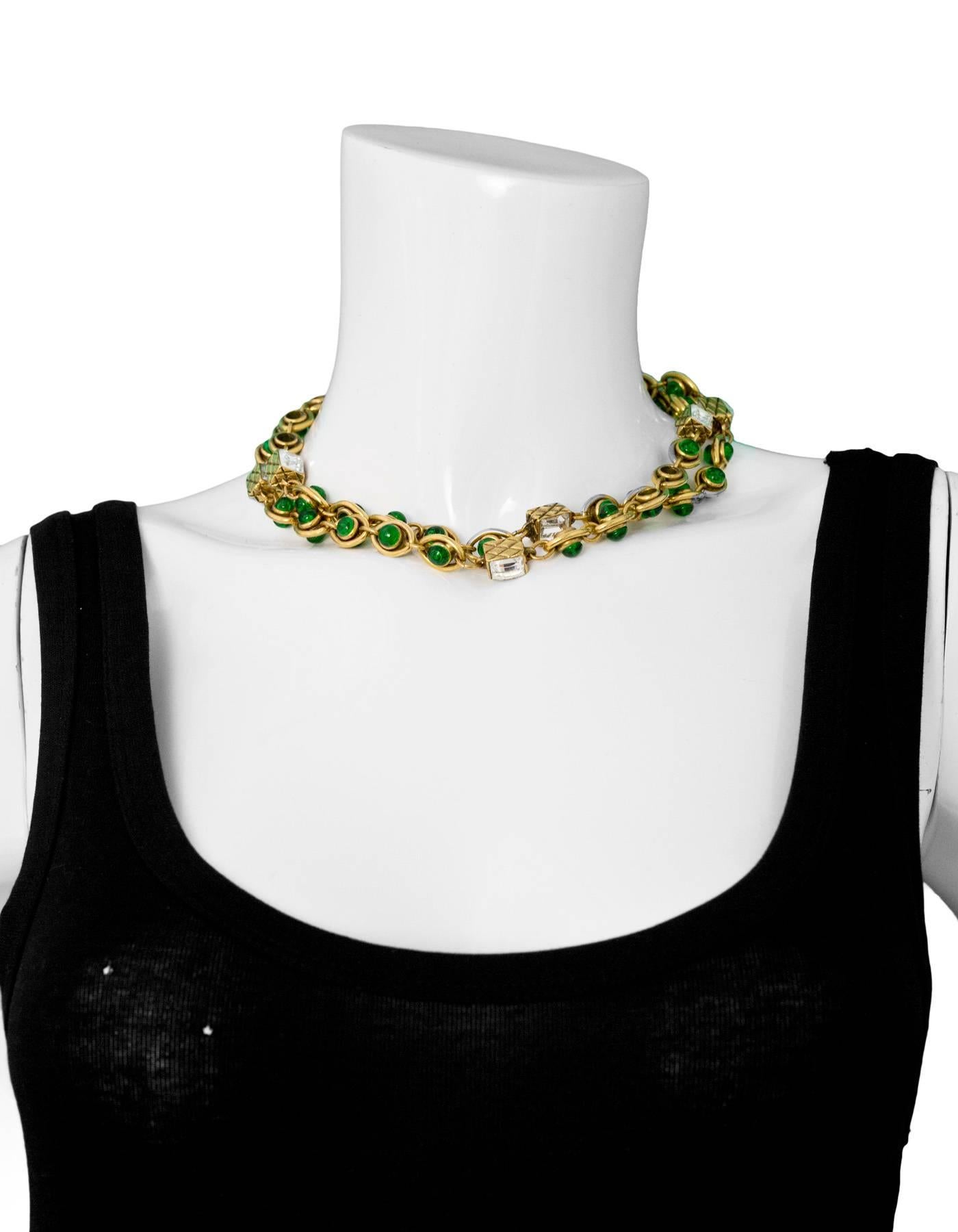Chanel Vintage Green Gripoix & Crystal Goldtone Chain Necklace In Good Condition In New York, NY