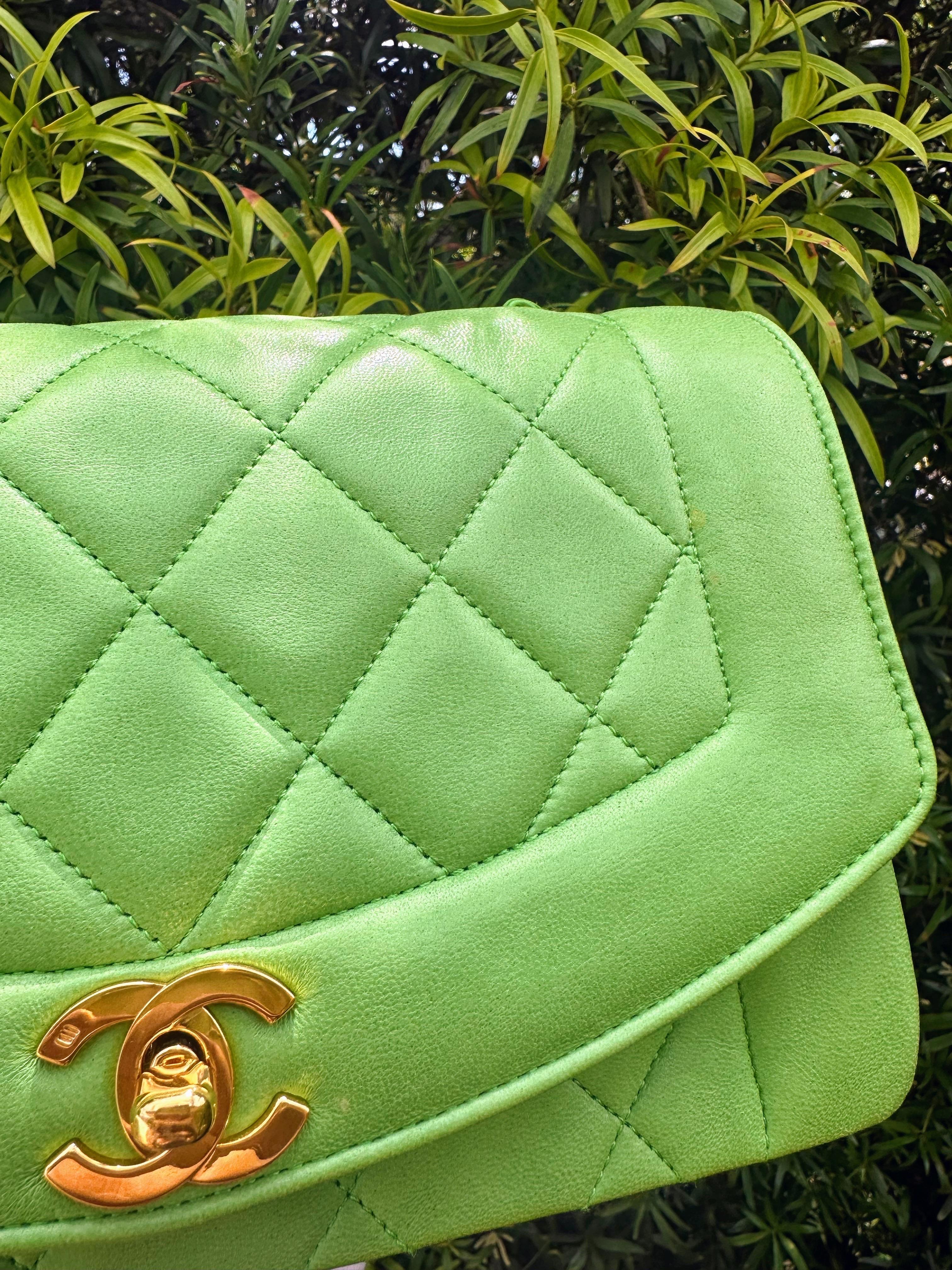 Chanel Vintage Green Small Diana Flap Bag (Series 2)

An incredibly rare gem! This bag is series 2 (1991-1994). Overall good condition some some sense of use. There is darkening in some areas (mainly the back). There is some fading of color