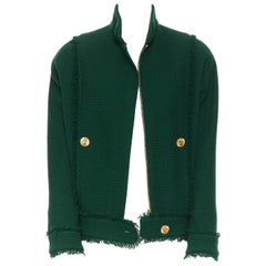 CHANEL vintage green tweed gold clover leaf button fray hem bomber jacket FR36