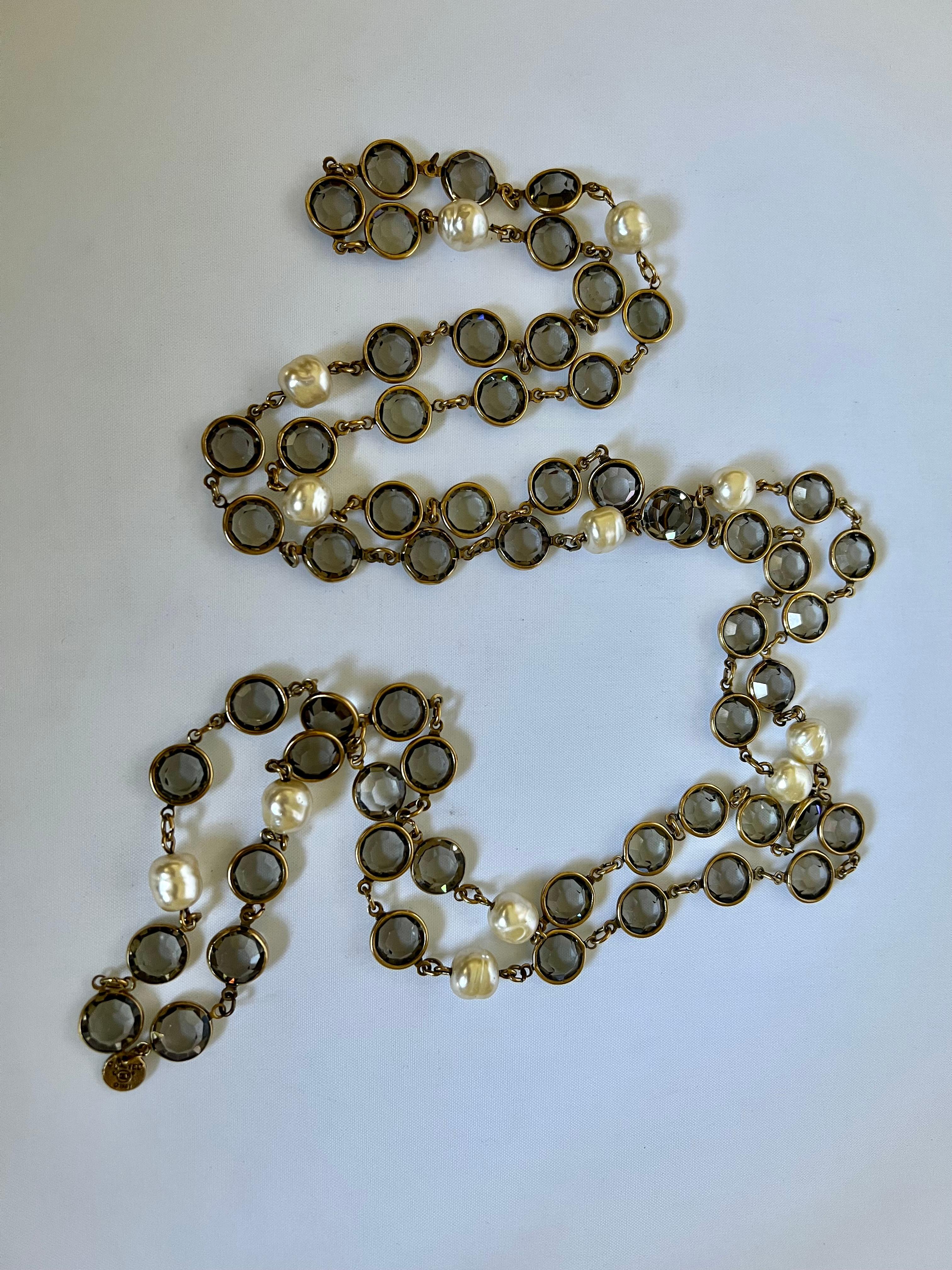 Artist Chanel Vintage Grey Crystal Faux Pearl  Sautoire Necklace 