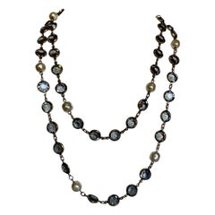 Chanel Vintage Grey Crystal Faux Pearl  Sautoire Necklace