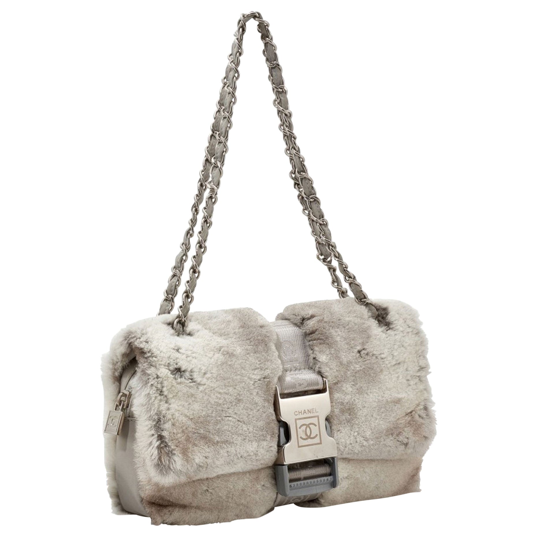 Chanel Vintage Grey Fur Sport Belt Lock Shoulder Bag For Sale at