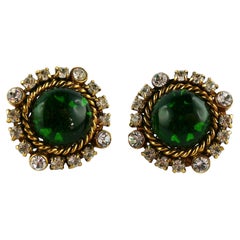 Chanel Vintage Gripoix Emerald Glass Cabochon Clip On Earrings