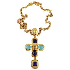 Chanel Vintage Gripoix Gold Toned Cross Pendant Necklace