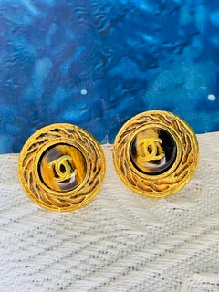 Chanel Vintage Gripoix Logo CC Coco Brown Tiger Eye Spiral Relief Clip Earrings