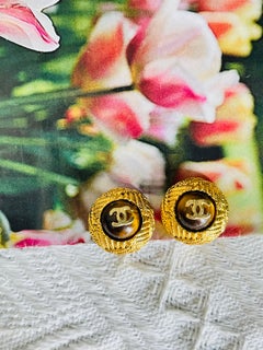 Chanel Vintage Gripoix Tiger Eye Logo CC Coco Textured Round Cabochon Earrings
