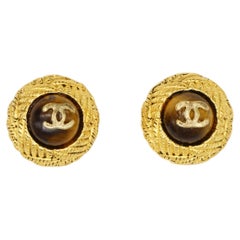 Chanel Vintage Gripoix Tiger Eye Logo CC Coco Textured Round Cabochon Earrings