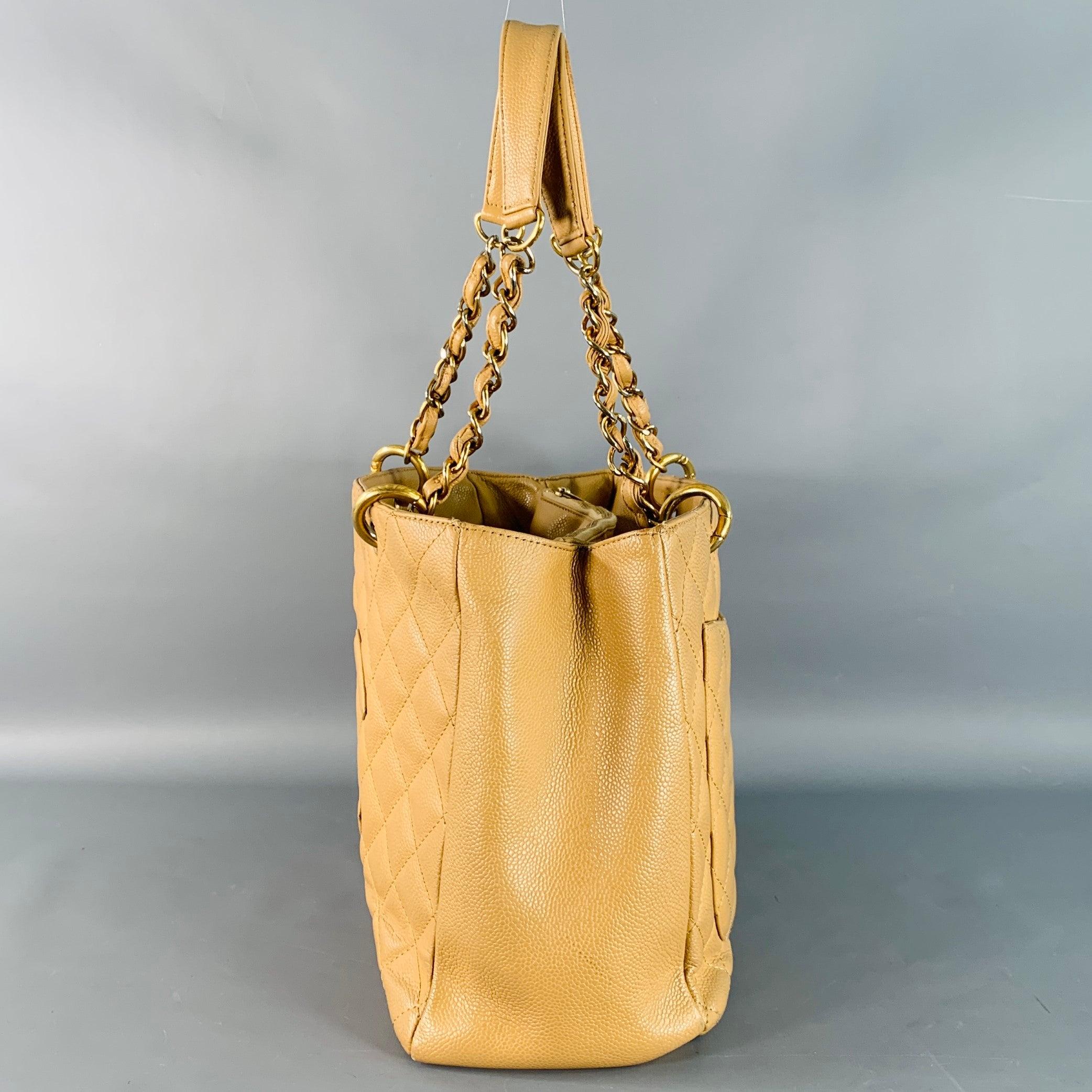 CHANEL Vintage By Kaviar Grand Einkaufstasche Beige Gold Gesteppte Lederhandtasche Damen im Angebot