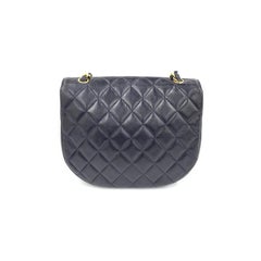 Chanel Vintage Half Moon Flap Bag Navy Lambskin Leather Mega Gold Hardware 1989-