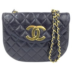Chanel Vintage Half Moon Flap Bag Navy Lambskin Leather Mega Gold Hardware 1989-