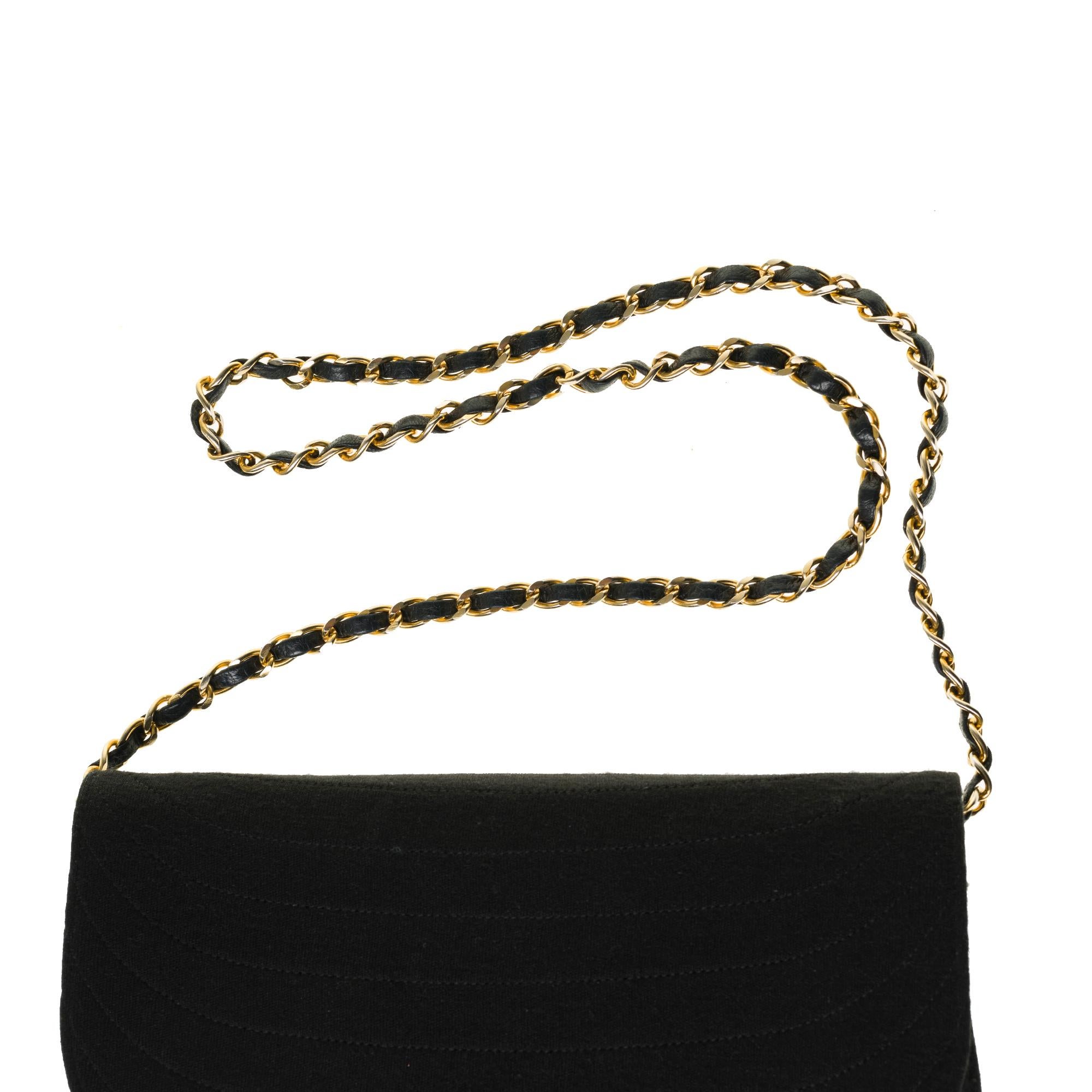 Chanel vintage half moon handbag in black quilted cotton, Gold hardware In Good Condition In Paris, IDF