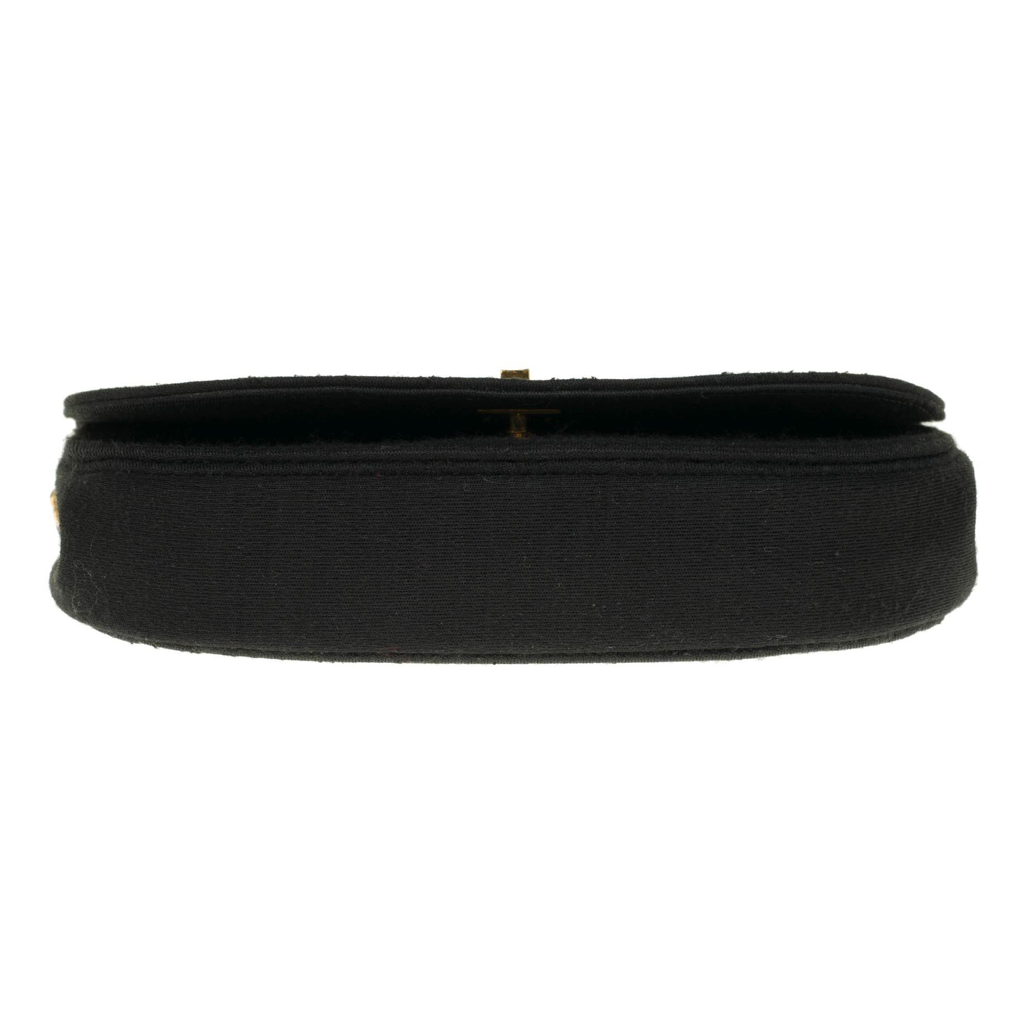 Women's Chanel vintage half moon handbag in black quilted cotton, Gold hardware 