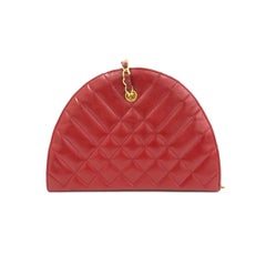 Chanel Vintage Half Moon Red Lambskin Gold Matelasse Chain Shoulder Bag