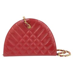 Chanel Vintage Half Moon Red Lambskin Gold Matelasse Chain Shoulder Bag