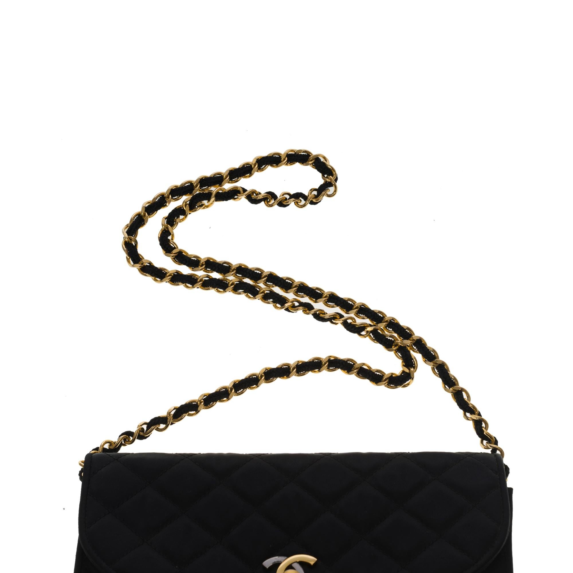 Chanel vintage half moon shoulder flap bag in black quilted satin, GHW 2