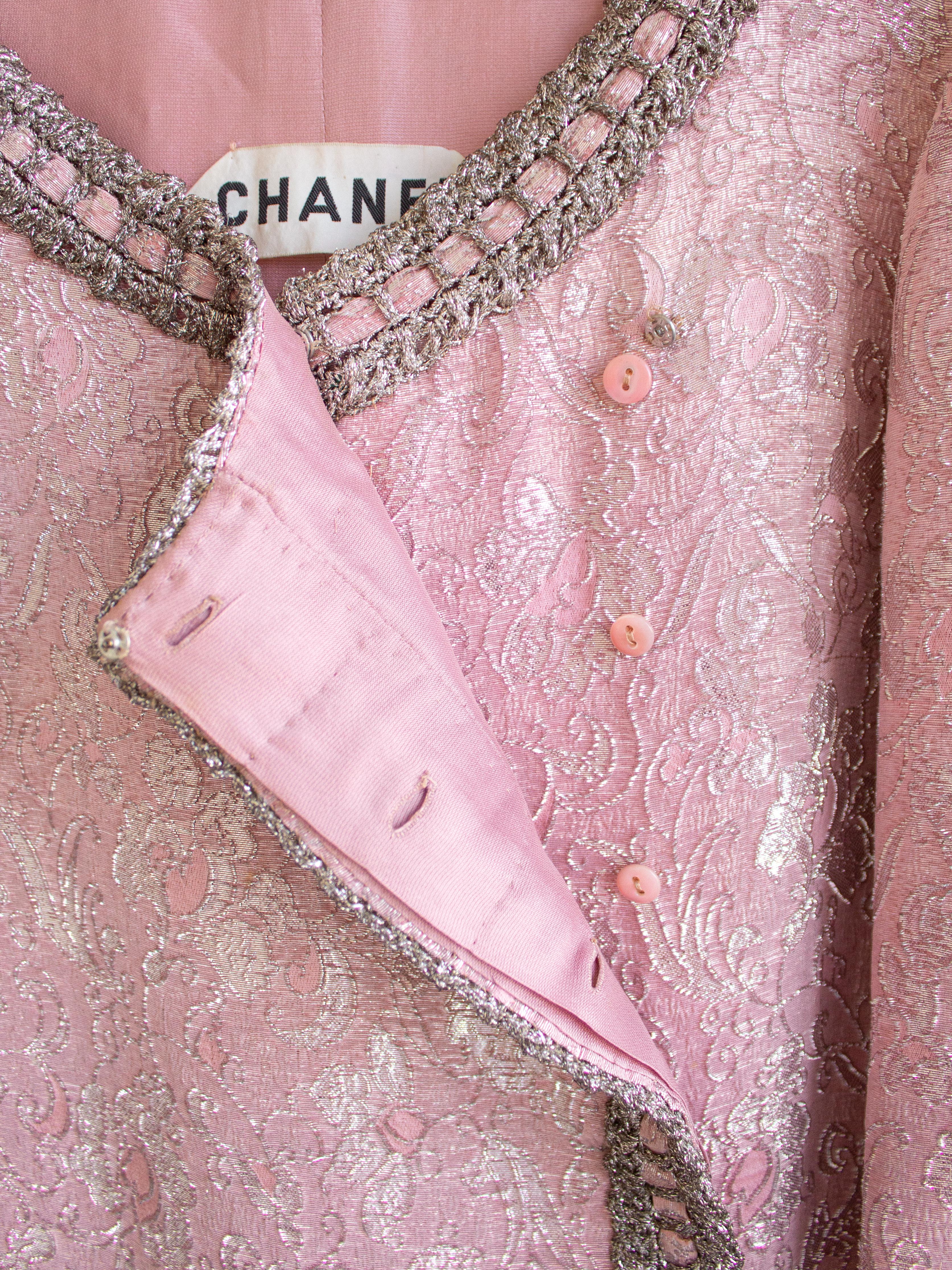 Chanel Vintage Haute Couture 1960s Pink Silver Braided Brocade Jacket Skirt Suit 6